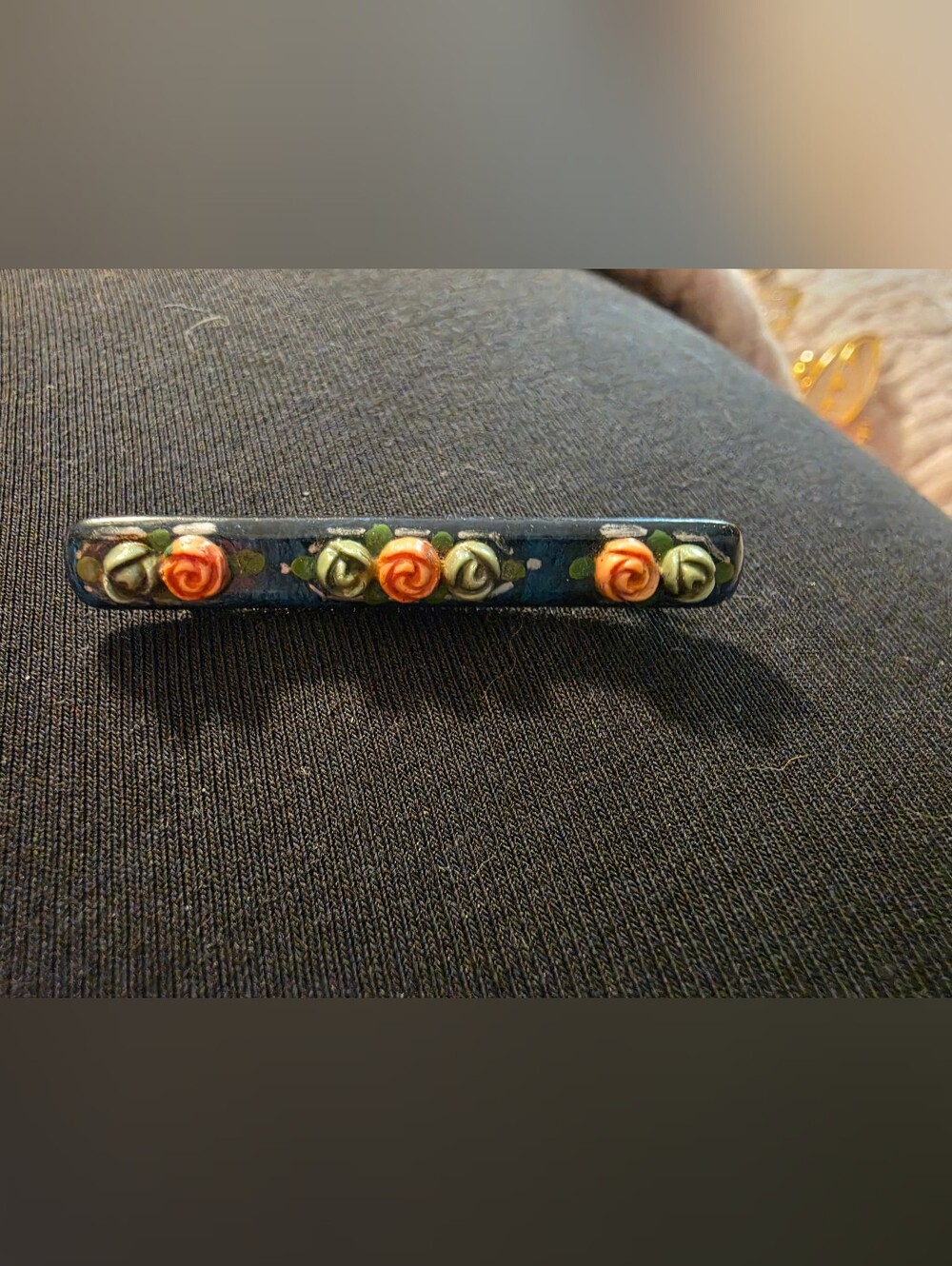Handcrafted Floral Enamel Bar Brooch Pin- Blue with Peach & Olive Roses